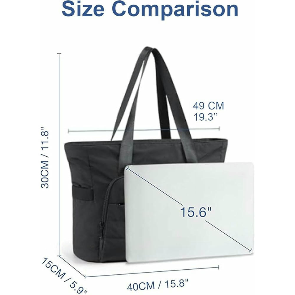 Bolso de mano negro para mujer con cremallera y capacidad para portátil, playa, excursiones (Negro)