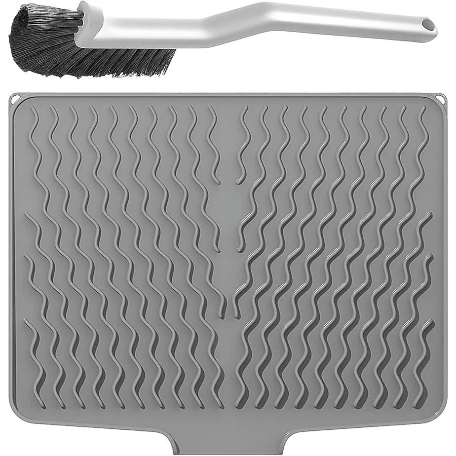 Alfombrilla de silicona para escurrir 40 x 33 cm, color gris, con cepillo de limpieza en forma de L, antideslizante y resistente al calor (Gris)