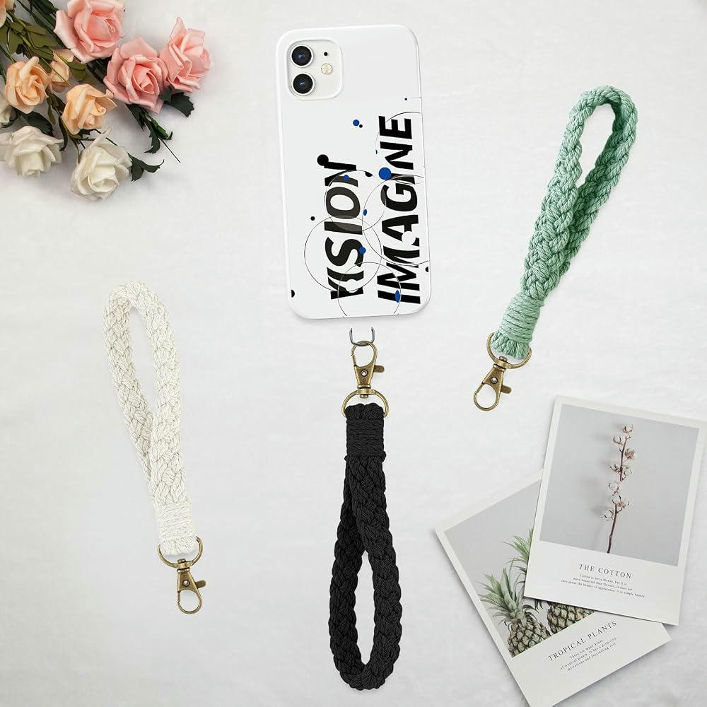 Llavero Pulsera Trenzada Hecho a Mano, Con Anilla en D Transparente, Set de 3 Colores (Blanco, Verde, Negro)