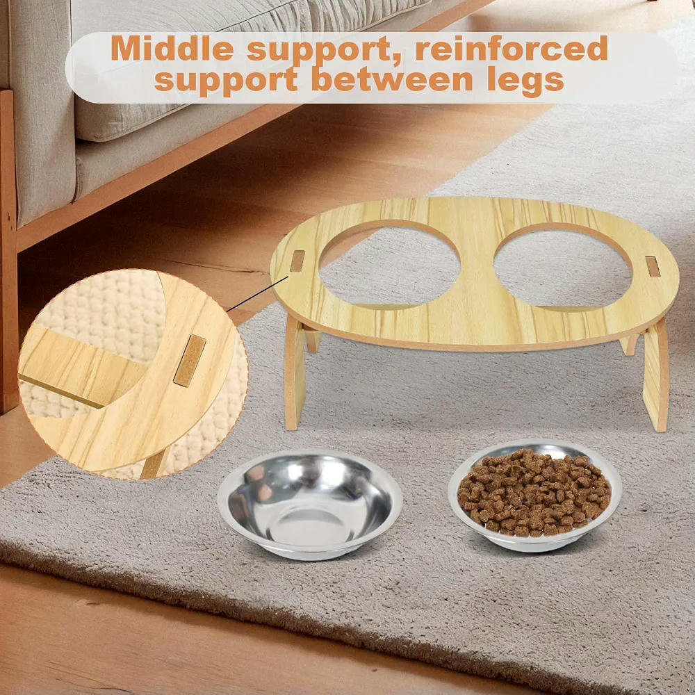Comedero Elevado para Gatos con 2 Cuencos de Acero Inoxidable y Soporte de Madera de 33 cm (Marrón)