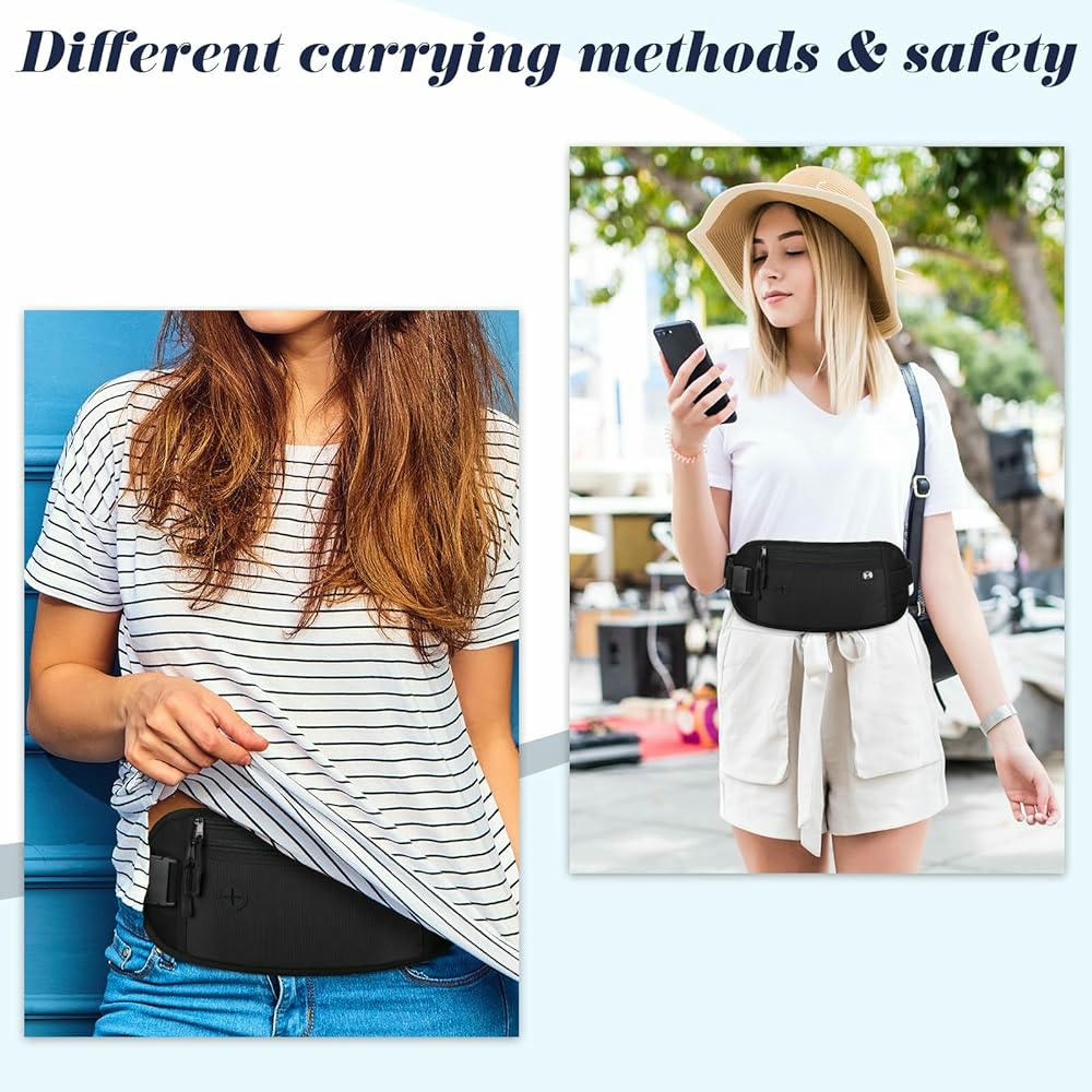 Riñonera impermeable, cinturón de dinero antirrobo, tecnología de bloqueo RFID, ideal para pasaporte y teléfono, color negro