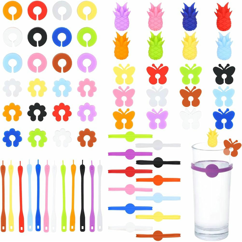Marcadores de Copas Vistosos, 68 Piezas Reutilizables de Silicona para Vino, 6 Formas Creativas para Fiestas y Uso Diario (Multicolor)