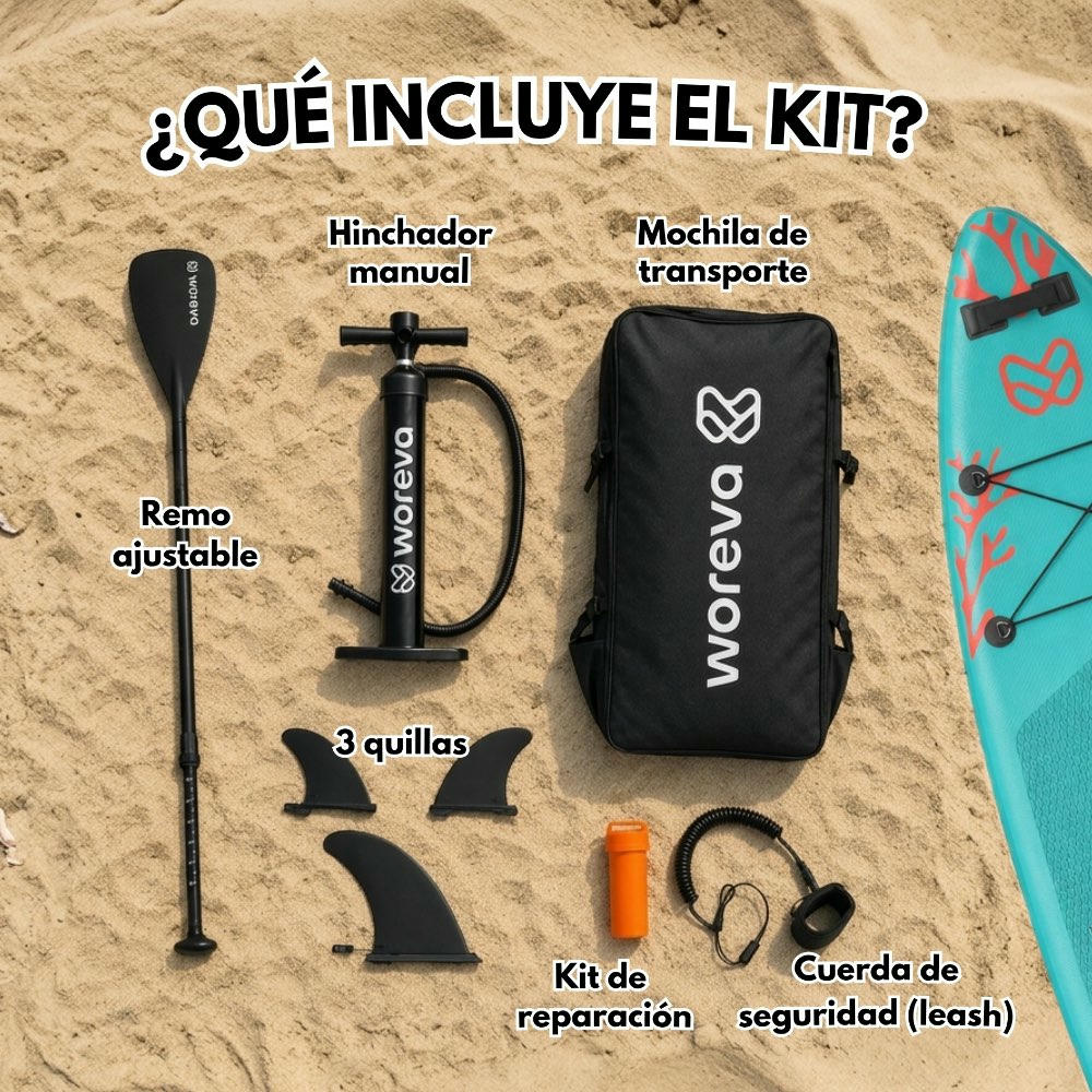 WOREVA CORAL - Kit Paddle Surf Inflable 335cm | Tabla SUP Touring, Estable 3 quillas, Portable 3 asas, Ancho 84cm (hasta 160kg) | Pack con remo, inflador, mochila y más