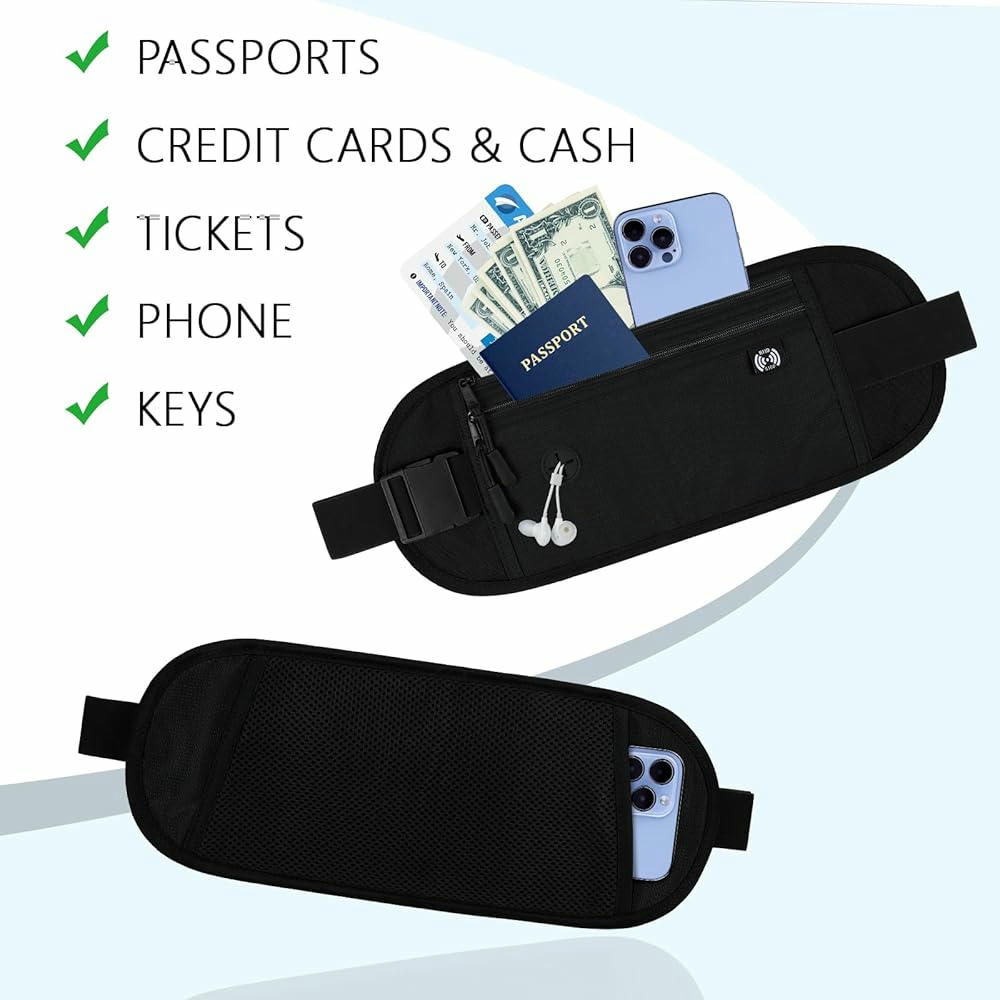 Riñonera impermeable, cinturón de dinero antirrobo, tecnología de bloqueo RFID, ideal para pasaporte y teléfono, color negro