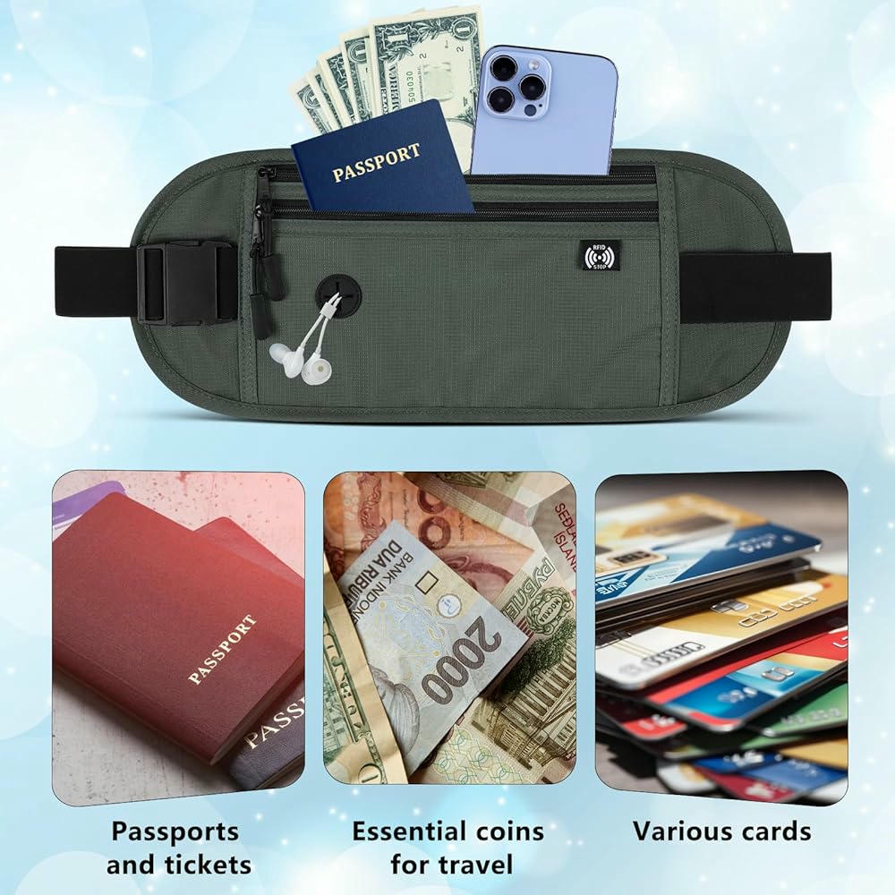 Riñonera impermeable Gris para hombres y mujeres, cinturón de dinero con tecnología de bloqueo RFID, ideal para viajes y seguridad de pasaporte y teléfono (Gris)