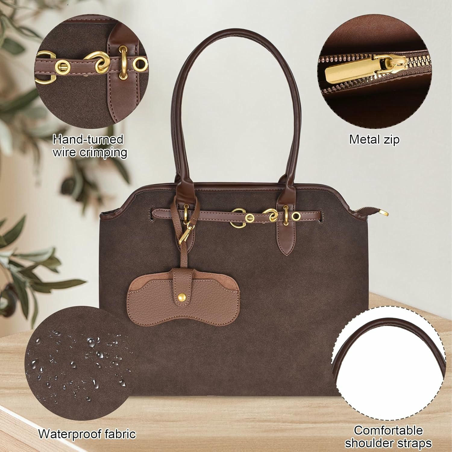 Bossa Tote Gran de Dona Brawn, Cuero PU, Bossa Bandolera Casual, Gran Capacitat amb Cremallera, Ideal per a Compres i Viatges de Treball, Escola, 40 x 30 x 14 cm, color marró