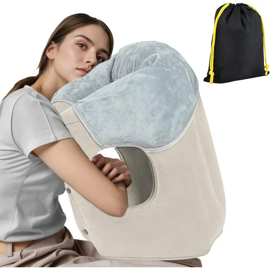 Almohada de Viaje Hinchable con Soporte Cervical, Fácil de Inflar, Ideal para la Oficina y Viajes, en bolsa de transporte, Color Gris