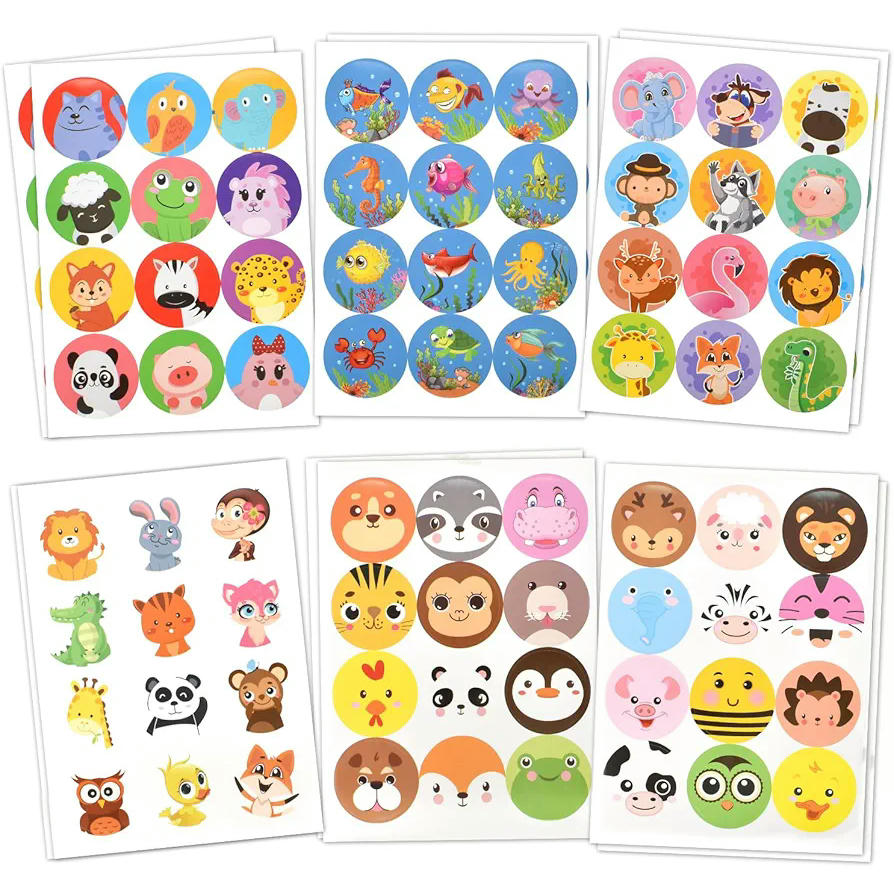 Conjunt de 144 Adhesius d'Animals, Adhesius Rodons Gomets de Recompensa per a Nens, Ideal per a Decorar Llibres, Targetes i Sobrets