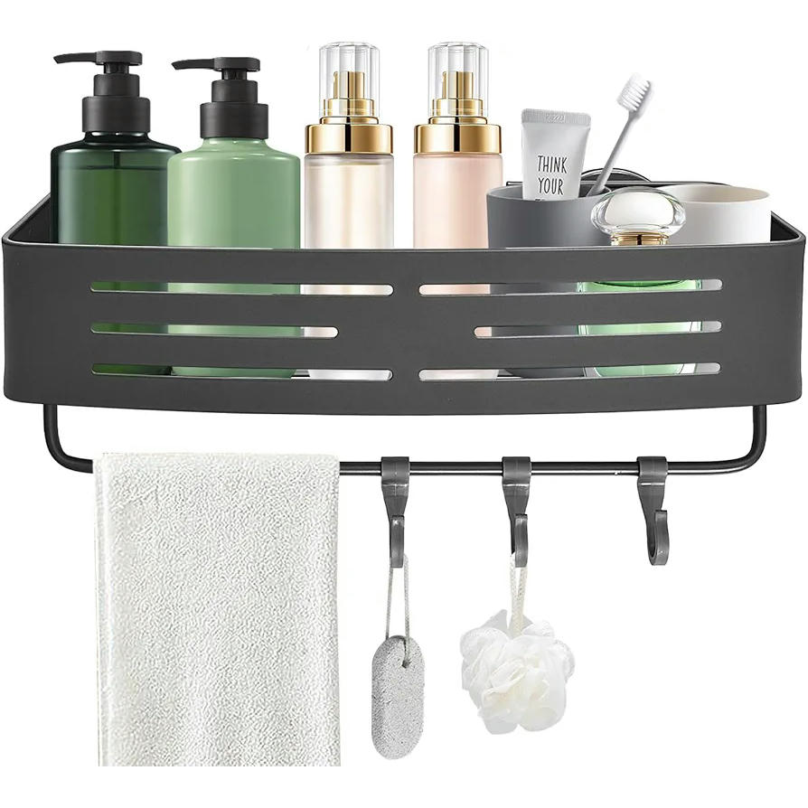 Organizador de Baño de Ducha sin Taladro con Ganchos, Estante Multifuncional, 32 x 12 cm (Gris)