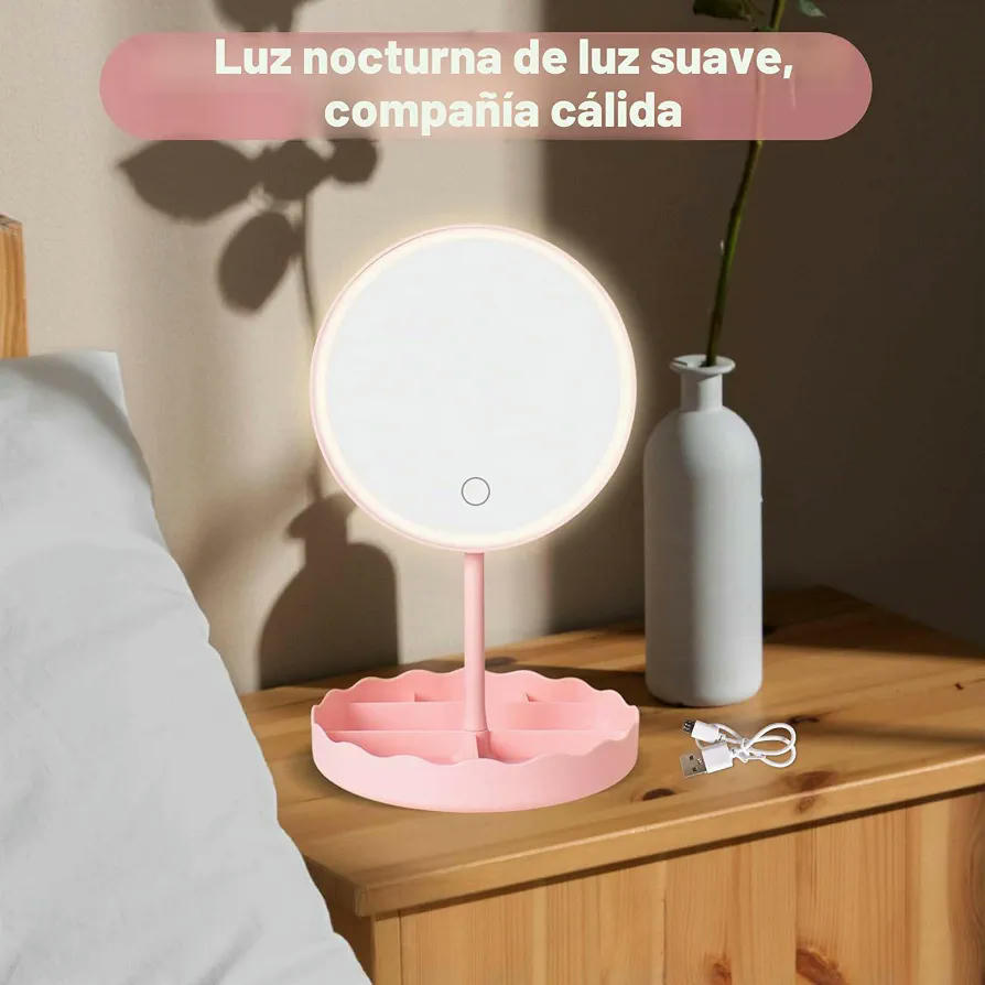 Espejo de Maquillaje con Luz LED y botón táctil, Iluminación Regulable y Diseño Elegante (Rosa)