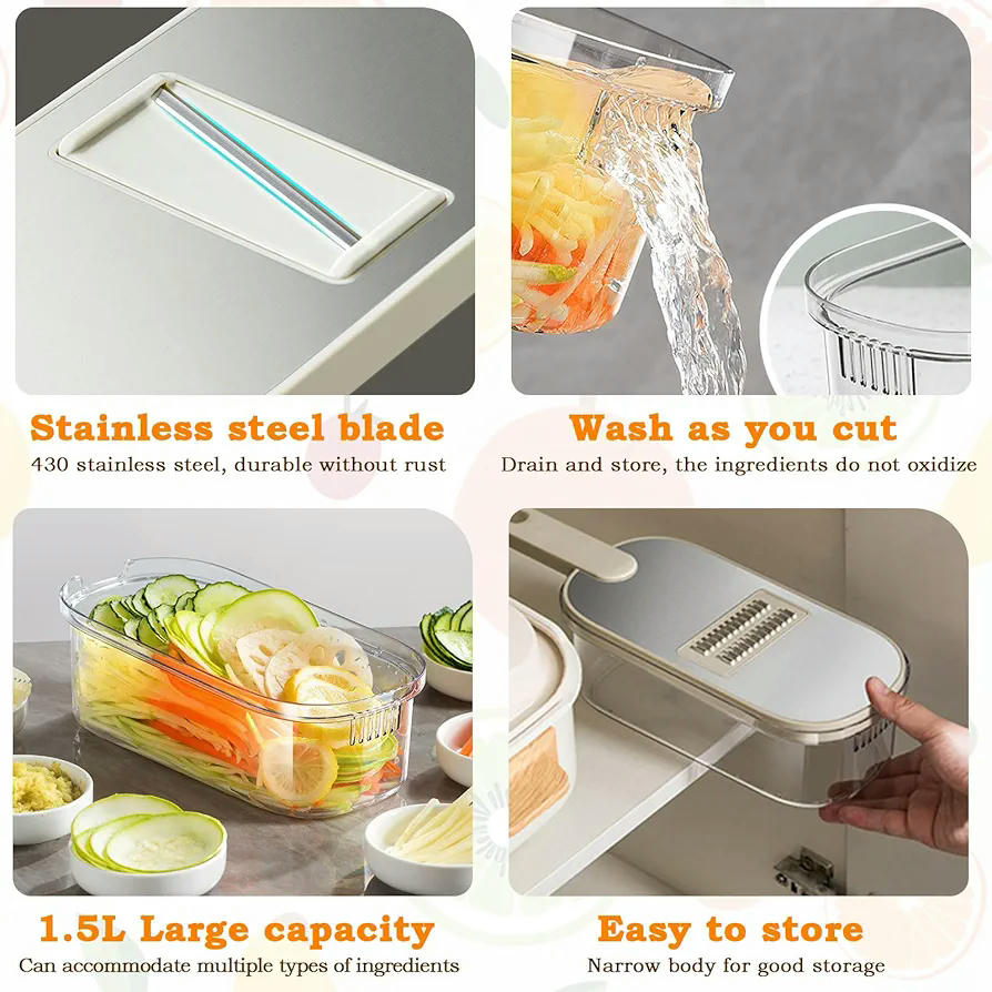 Mandolina de Cocina Profesional de Acero Inoxidable, Cortador 3 en 1, Ideal para Frutas y Verduras como Zanahorias y Patatas