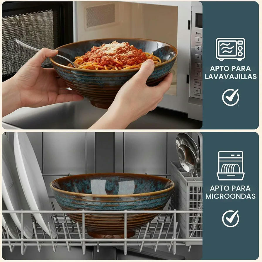 Set de 2 Tazones de Ramen de Cerámica de 1200ml con Palillos y Cuchara, Azul