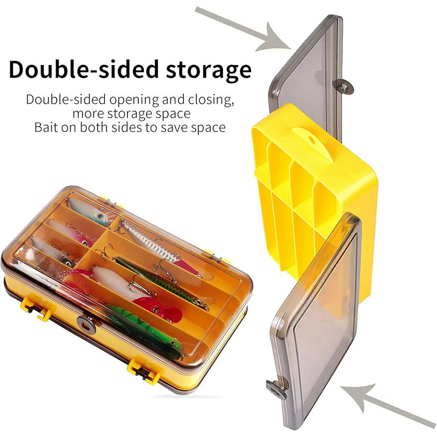 Caja de Almacenamiento de Aparejos de Pesca, Doble Compartimento de Plástico Transparente para Cebos y Accesorios (Amarillo)