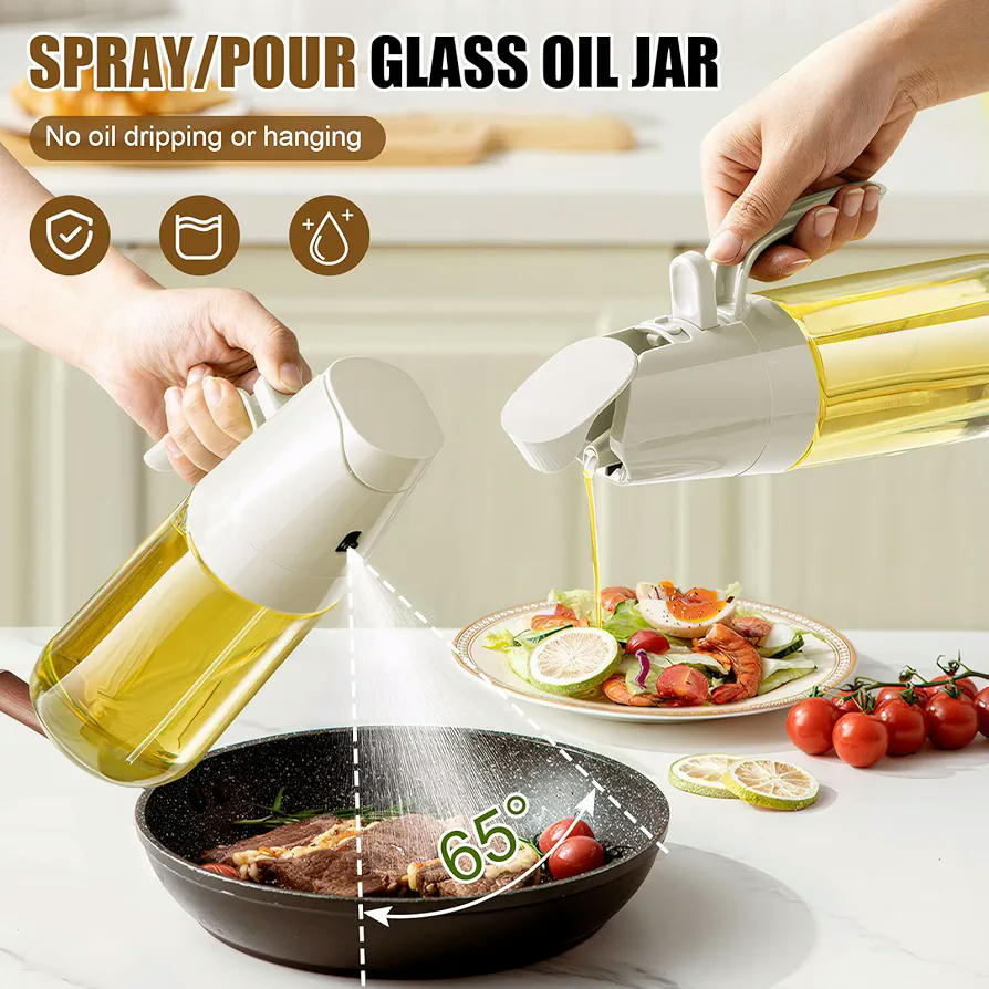 Pulverizador de Aceite 2 en 1 Plegable de 300 ml, Botella de Aceite Multifuncional con Cepillo de Limpieza, Atomizador de Aceite de Vidrio Transparente (Color Beige)