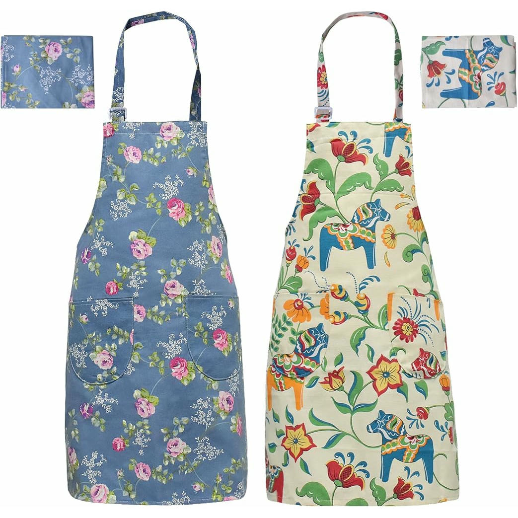 Delantales de Cocina para Mujeres, 2 Piezas, Algodón Floral, Ajustables, con 2 Bolsillos, Ideales para Cocinar, Hornear y Jardinería (Multicolor)
