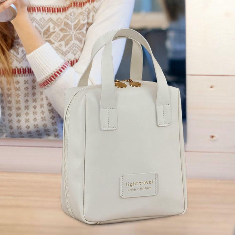 Neceser de maquillaje multifuncional de piel sintética con asa - Organizador de viaje para mujer (Blanco)