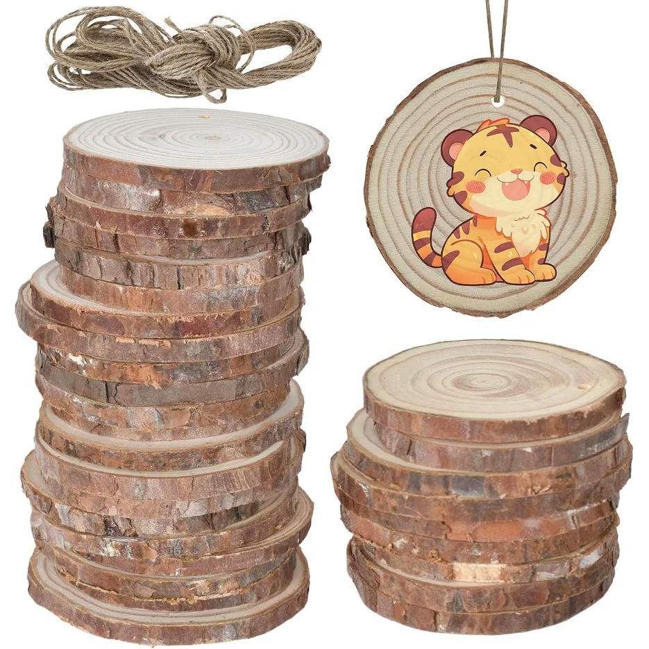 30 Discos de Madera Natural, Perforados, 6-7 cm, con 10 m de Cuerdas, para Decoración