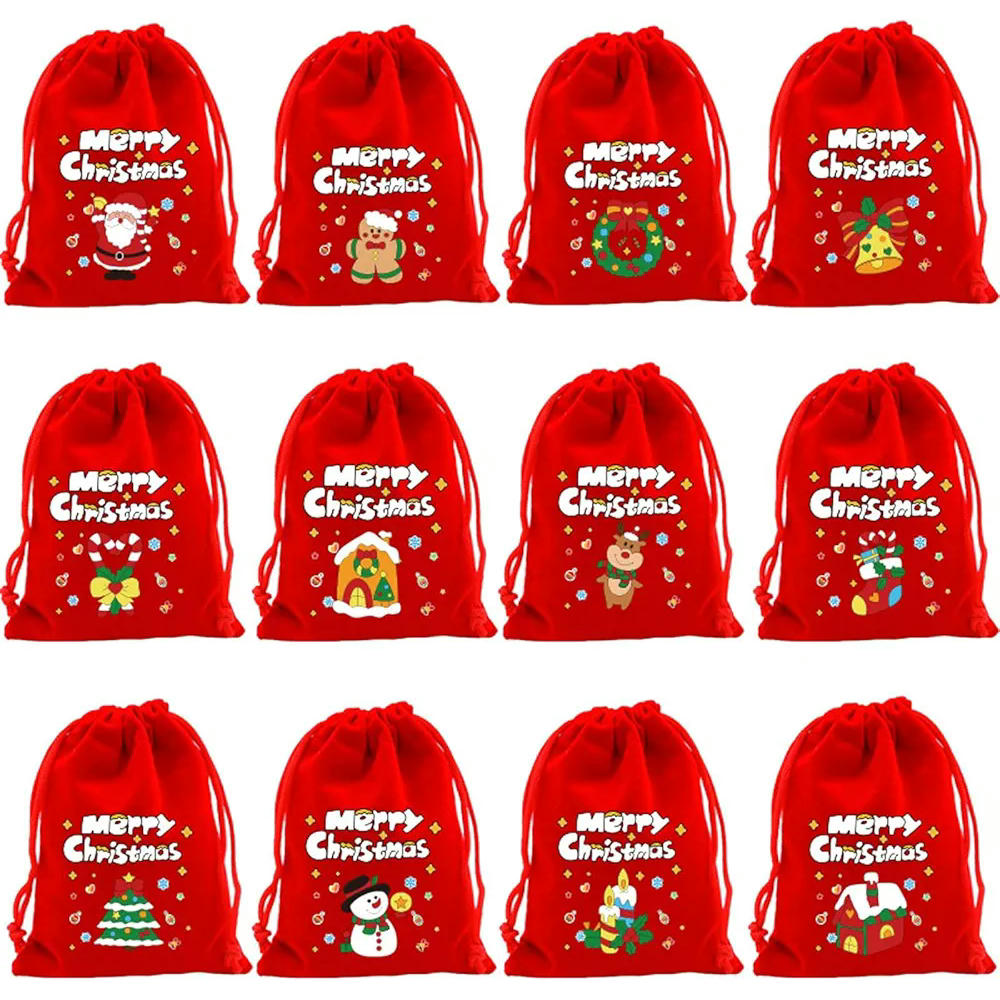 Pack de 12 bolsas de terciopelo rojo para regalos de Navidad, reutilizables, con cordón, ideales para dulces y pequeños obsequios, 12x9 cm (Color Rojo)