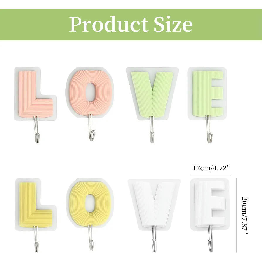 8 Ganchos Adhesivos Creativos LOVE para Pared, Resistentes y Impermeables, Multicolor