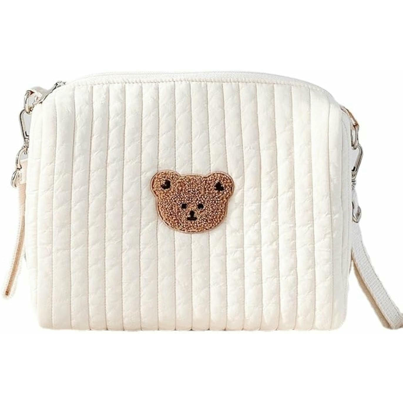 Bolsa de Pañales para Bebés con Cremallera, Diseño Atractivo y Portátil para Viajes (Blanco, con diseño de Oso marrón)