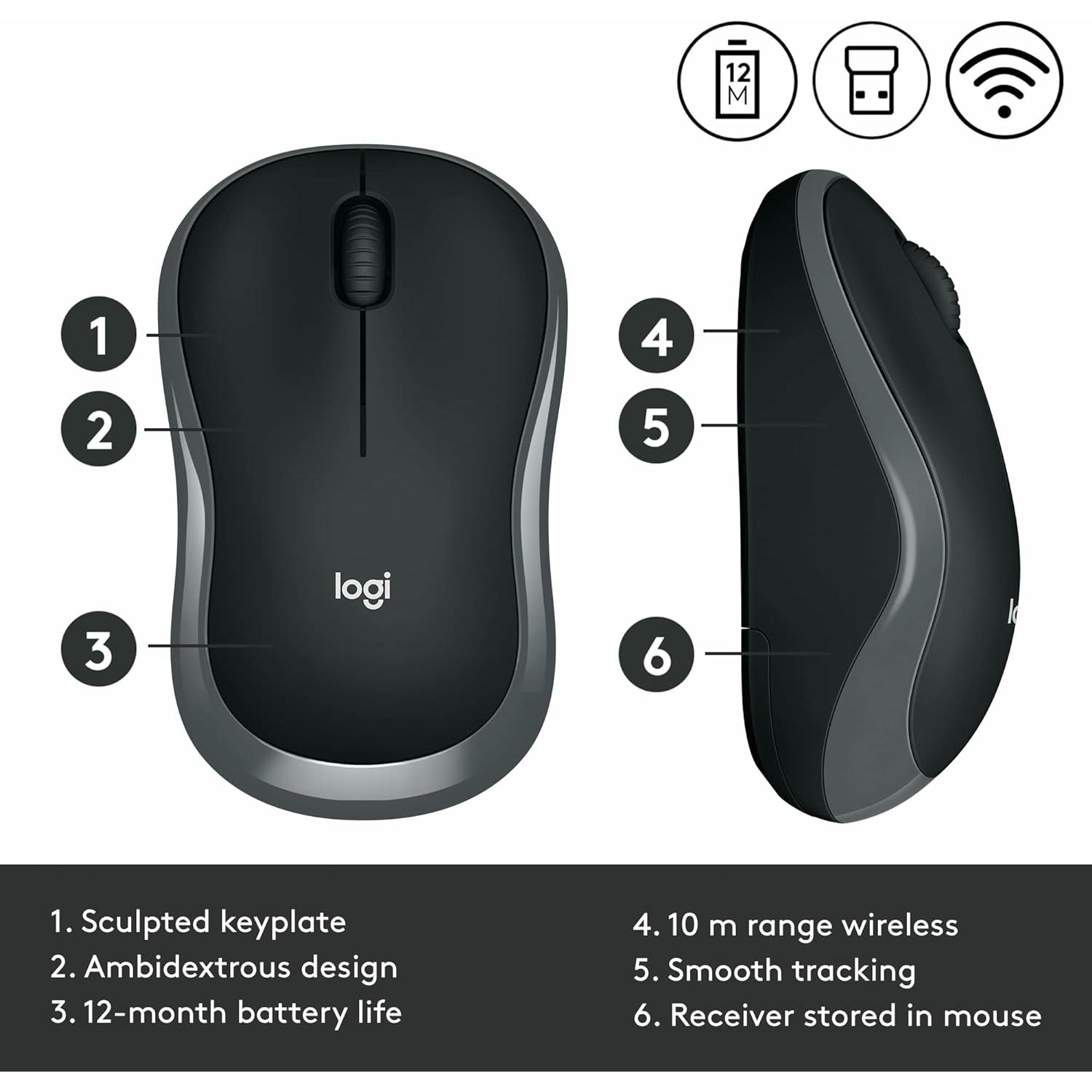 Logitech M185 Ratón Inalámbrico, 2.4GHz con Mini Receptor USB, Batería de 12 Meses, Seguimiento Óptico con Resolución de 1000 dpi, Ambidiestro, Compatible con PC, Mac, Portátil - Gris
