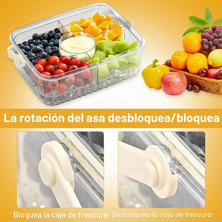 Bandeja de Aperitivos con Tapa, Recipiente Hermético para Alimentos con Asa Portátil y Compartimentos