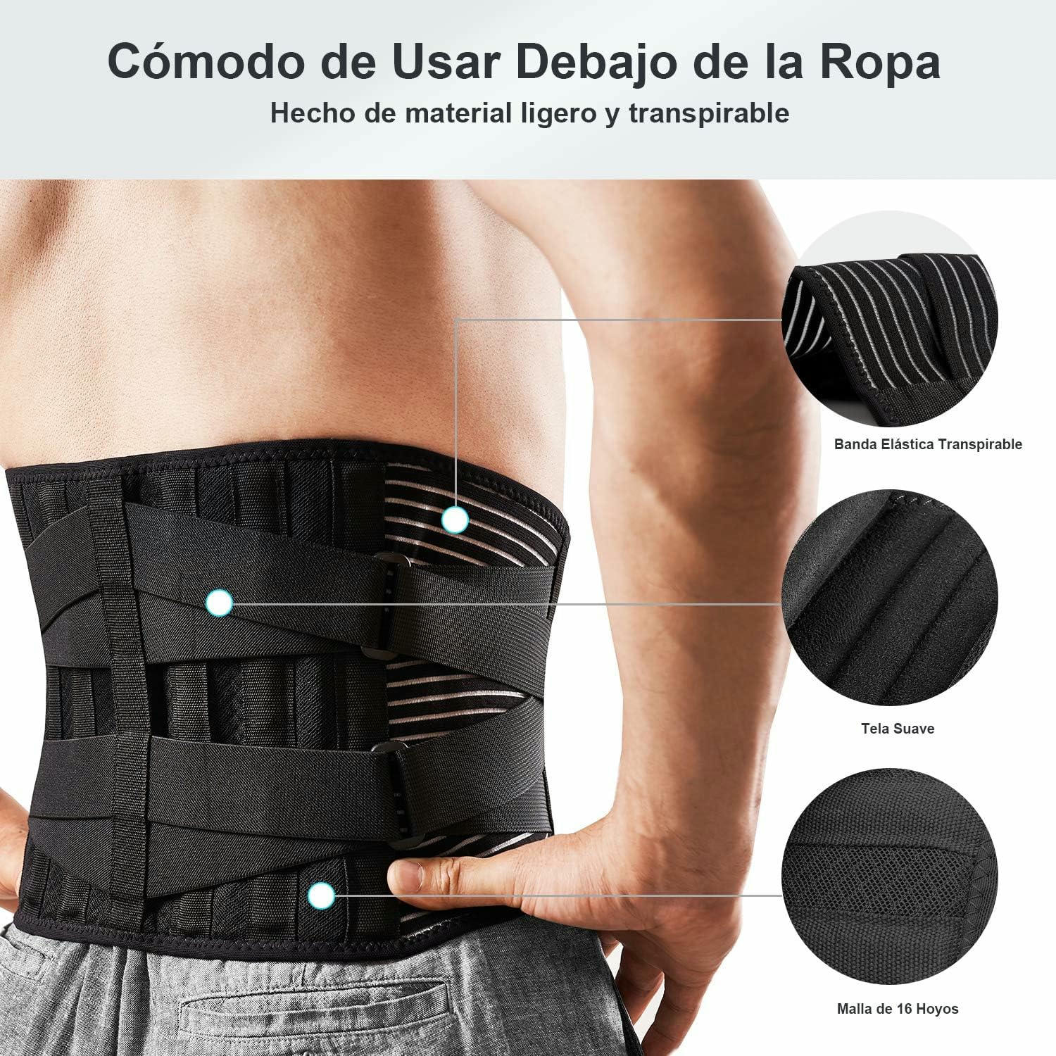 Faja lumbar unisex con 6 varillas de soporte, cinturón lumbar ajustable y transpirable para trabajo, talla XL (cintura: 45.3''-55.1'')