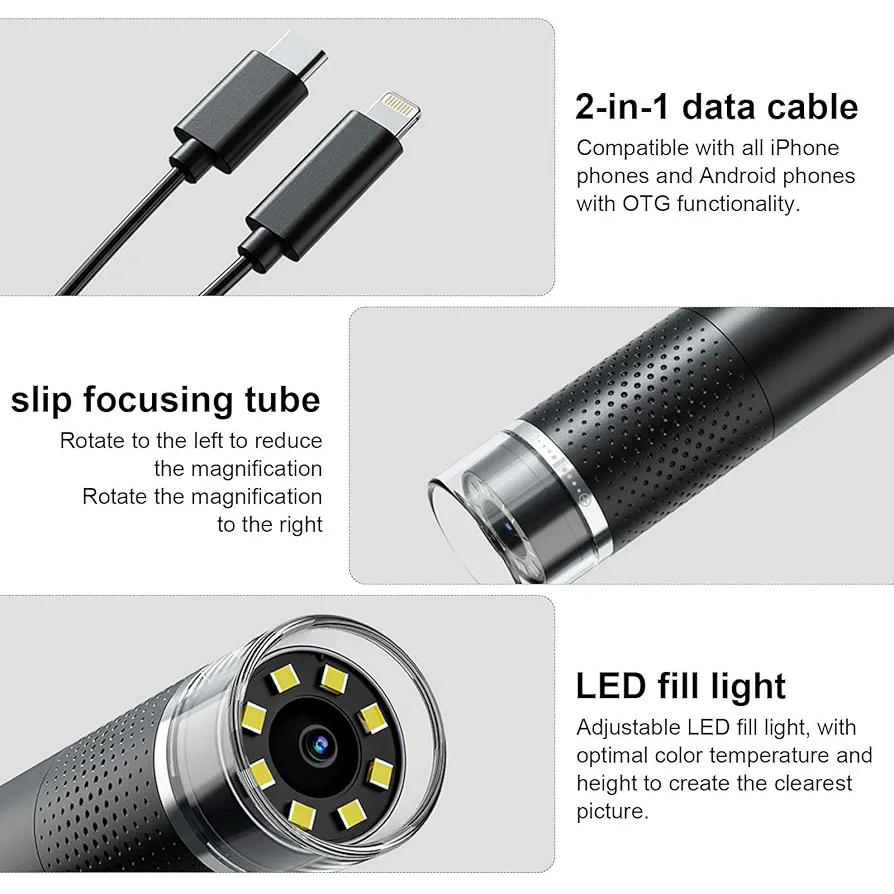 Microscopio digital USB 1080P HD, aumento de 50X a 1600X, portátil, compatible con dispositivos iOS y Android, ideal para observar joyas, piel, insectos y monedas (Negro)