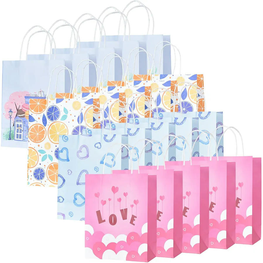20 Pieces Gift Bags with Handles in 4 Patterns of Kraft Paper, 21x11x27 cm for Parties and Celebrations (Multicolor)